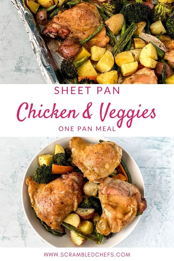 Collage image of chicken thighs and vegetables on baking sheet and in bowl
