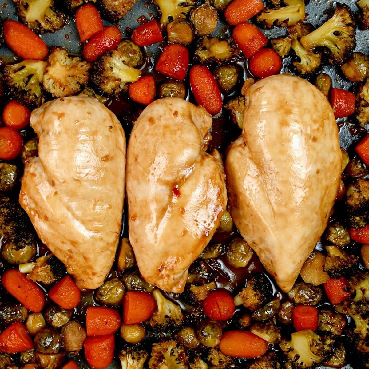 Three baked chicken breasts on baking sheet with brussels sprouts and carrots