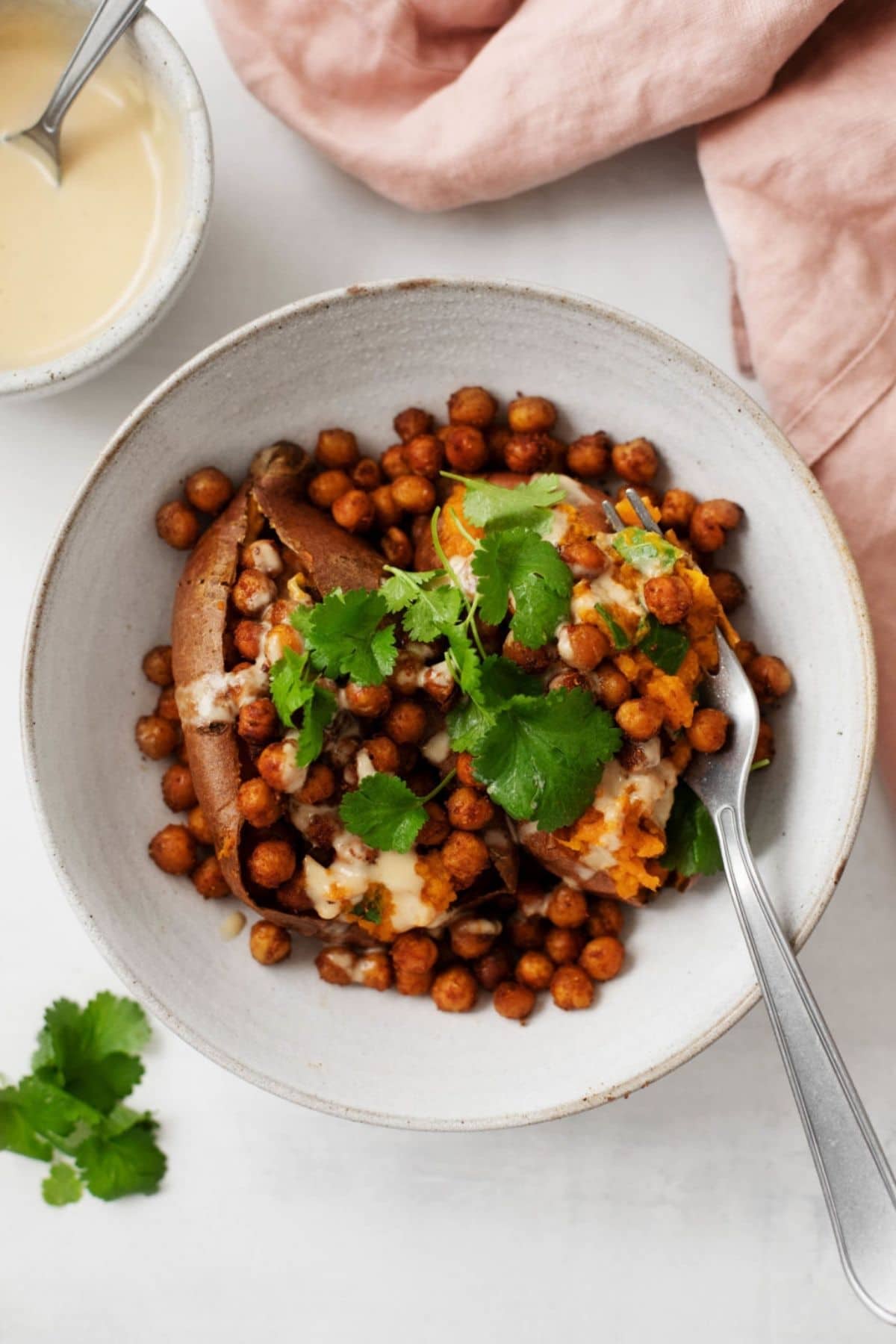 sweet potatoes with chickpeas in white bowl