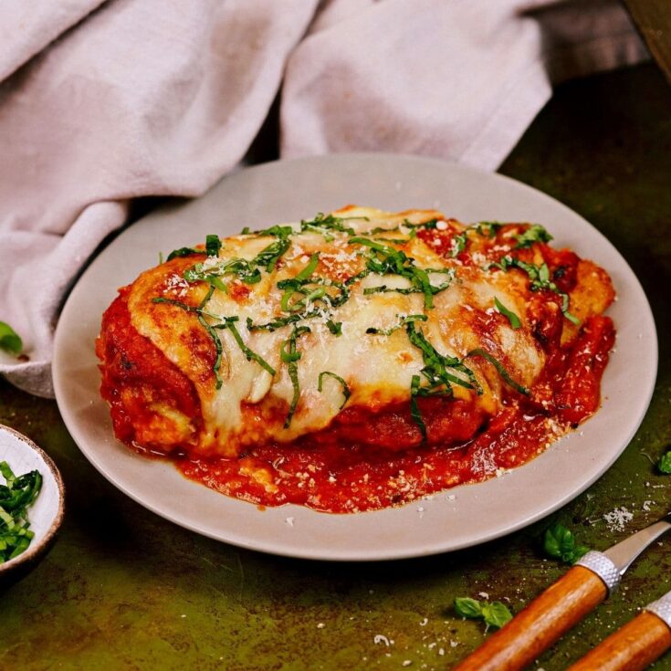 Chicken parmesan on gray plate on table