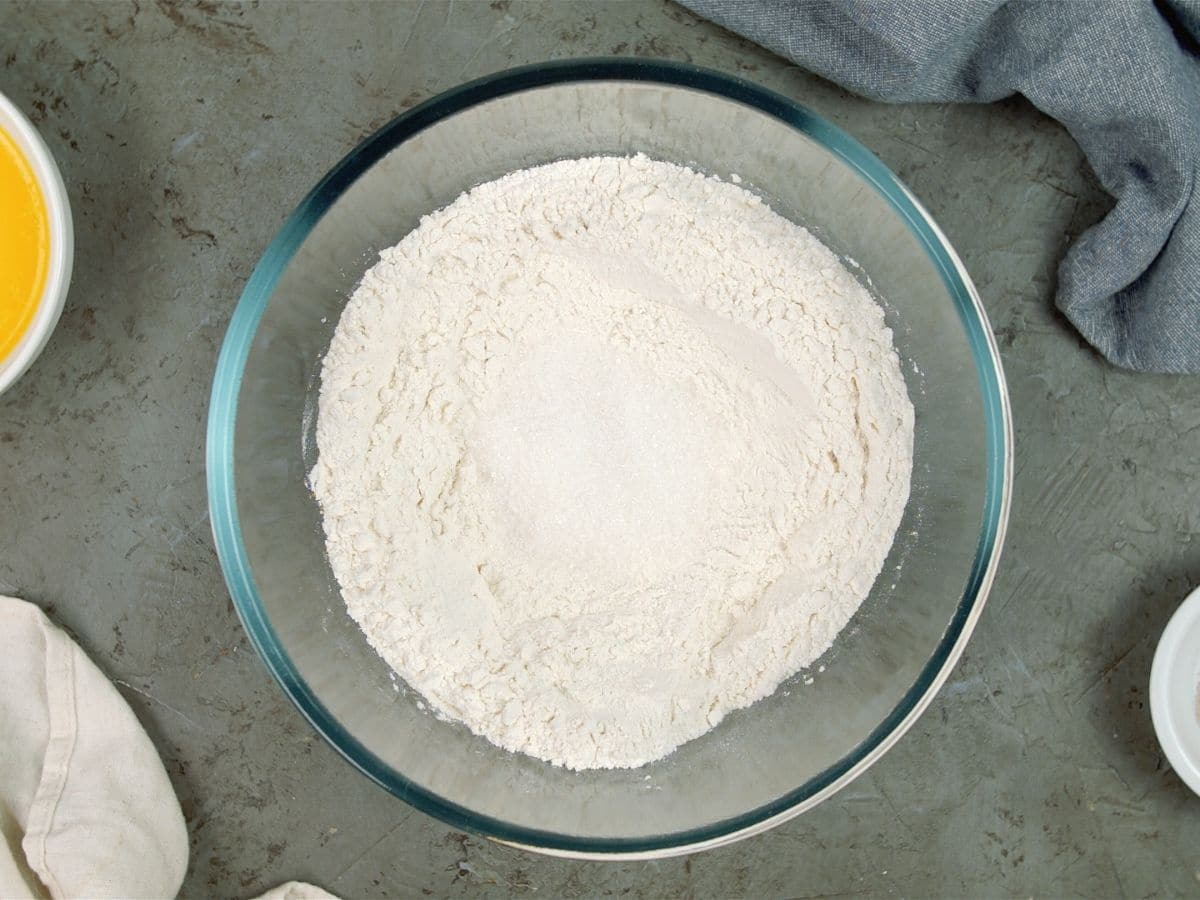 large glass bowl of flour