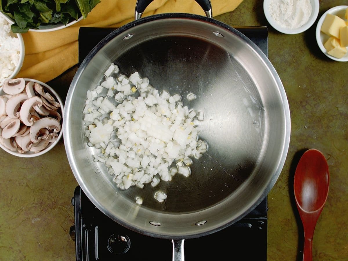 stainless steel skillet of onions on hot plate