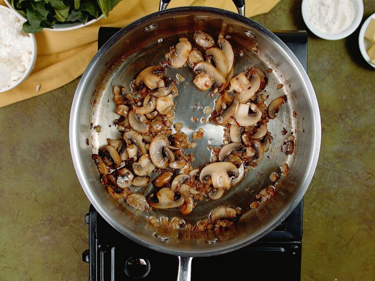 browned mushrooms and onions in skillet on hot plate