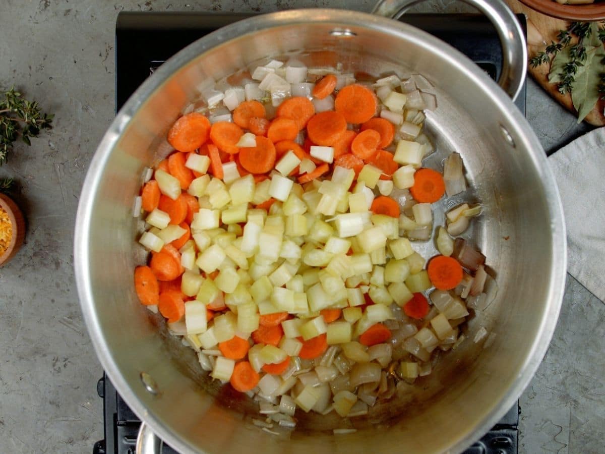 Carrots and celery in large stockpot