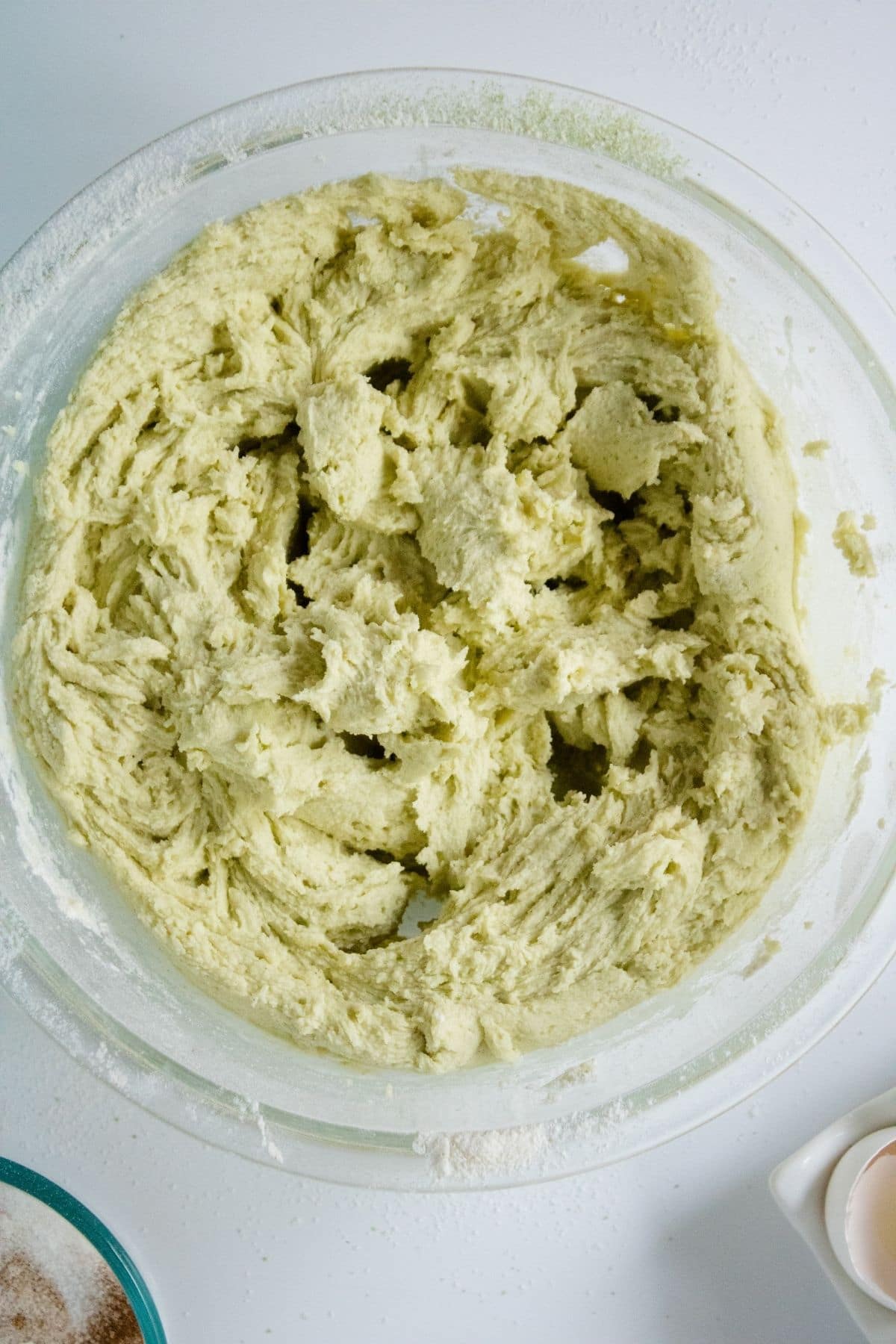 glass bowl of green matcha cookie dough