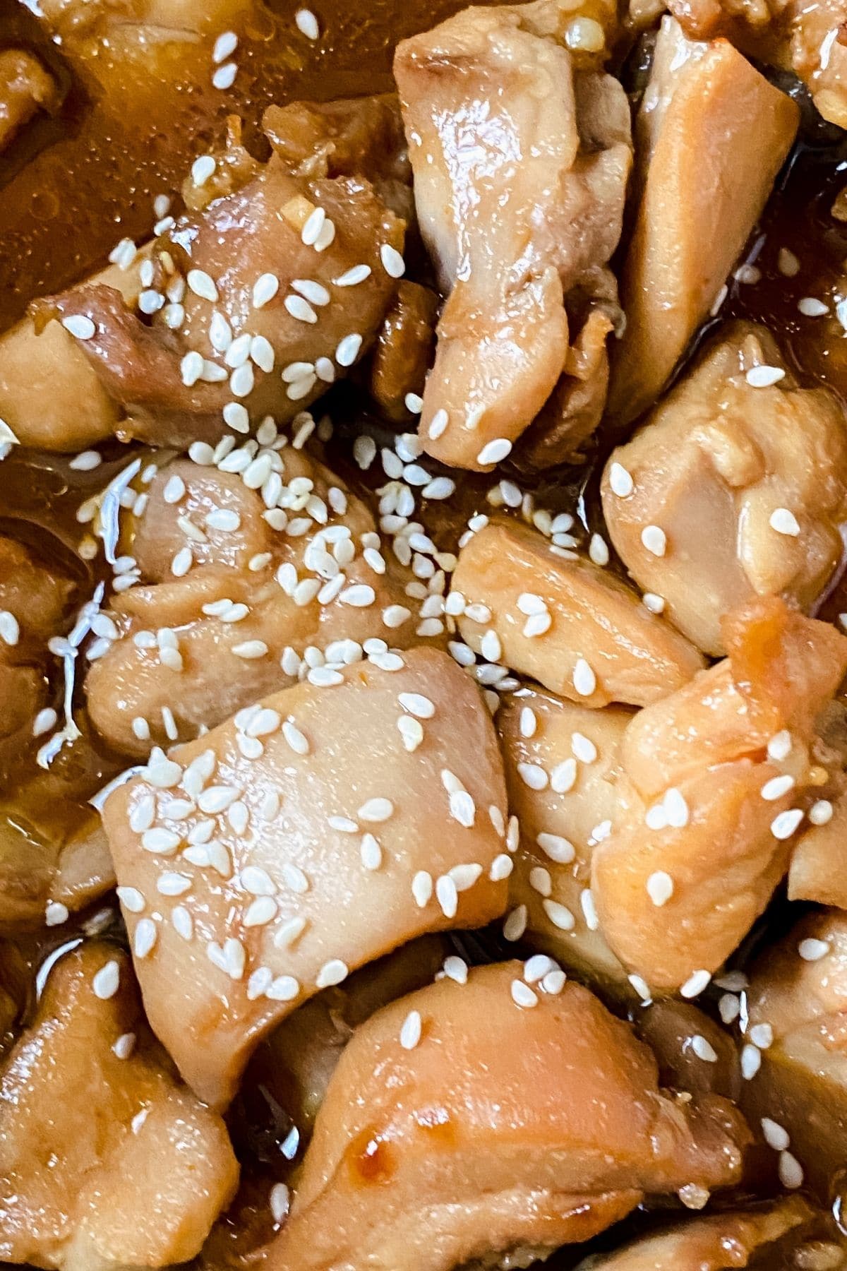 chicken thigh pieces in sauce with sesame seeds