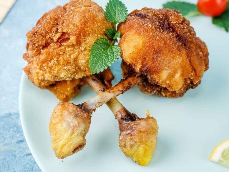 two chicken lollipops laying across each other on light blue plate
