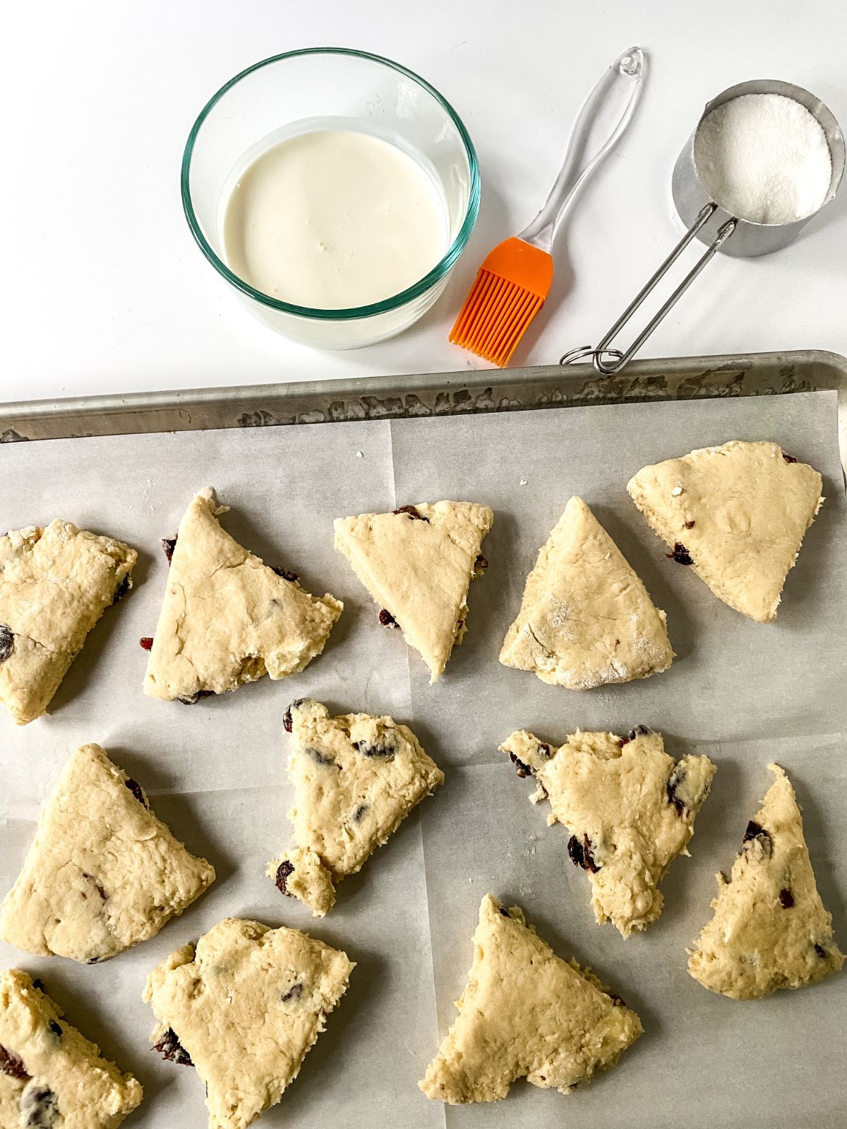 scones cut into triangles on baking sheet