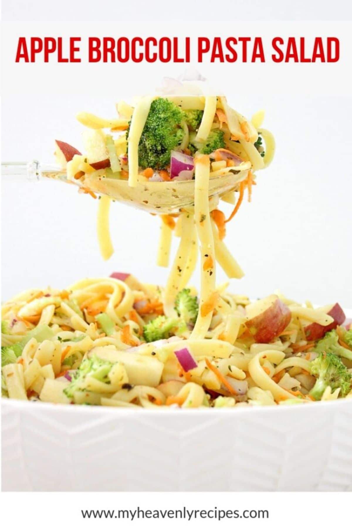apple broccoli pasta salad in white bowl