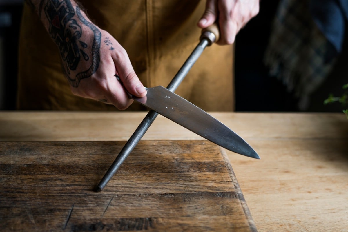 Sharpening knife with a tool.