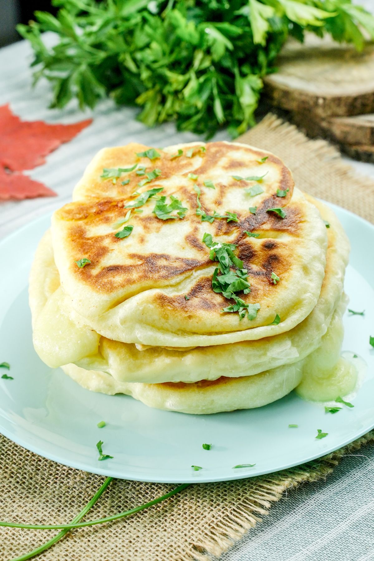 light teal plate holding stack of Russian cheese piroshki