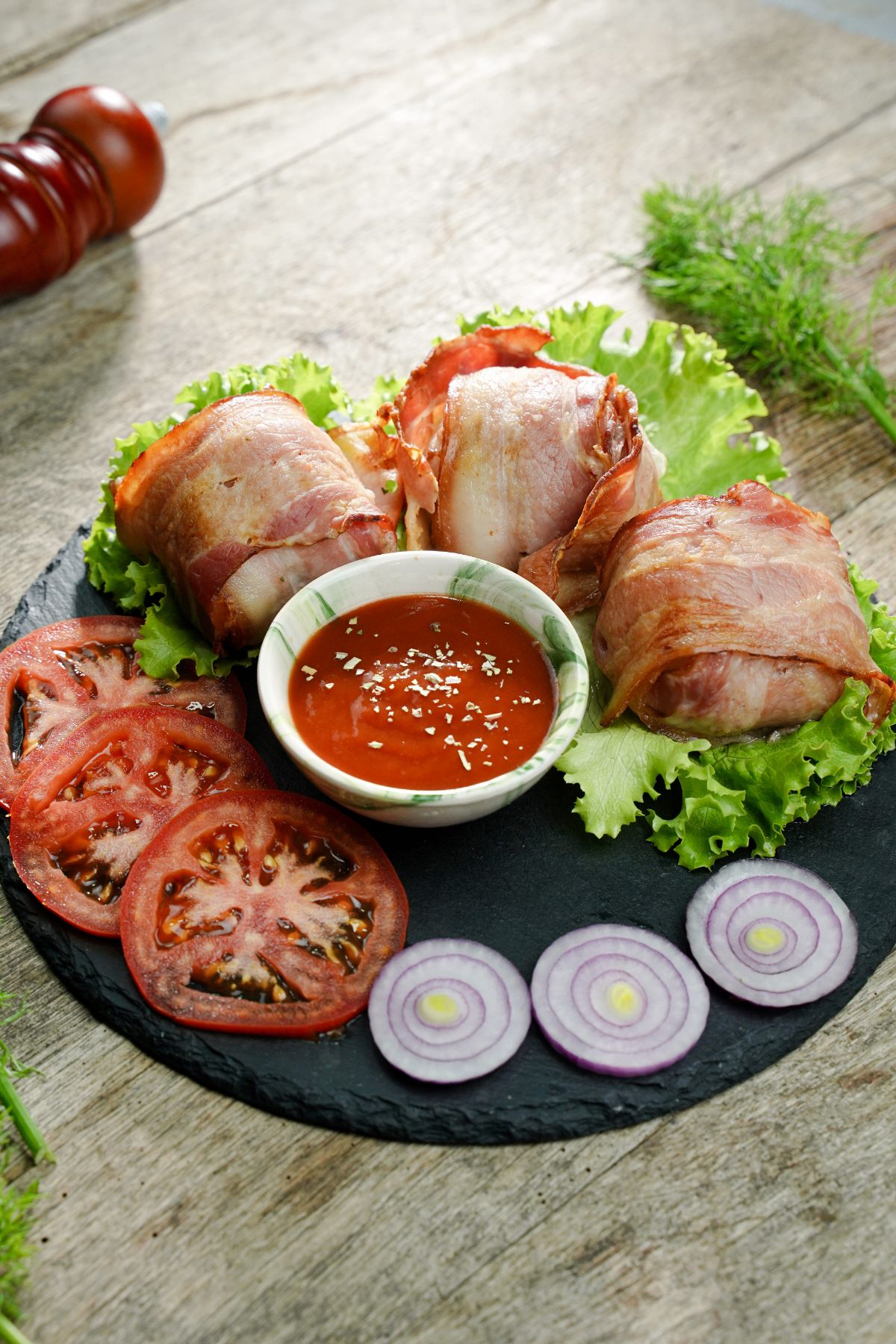 black plate of meatballs with lettuce onion tomato and ketchup on wood table