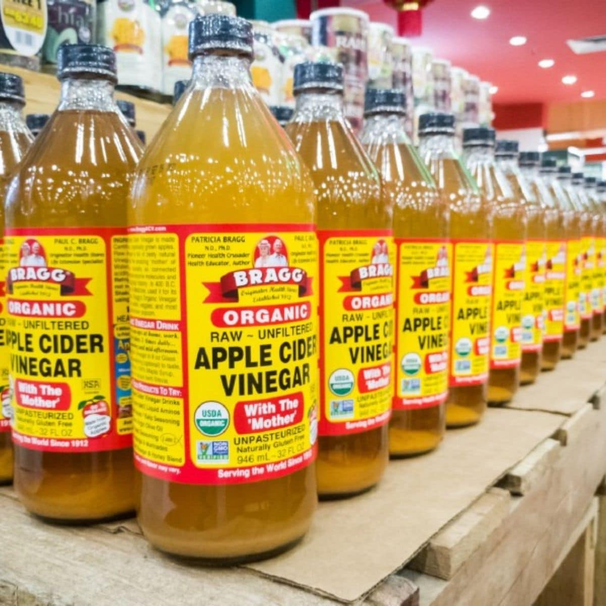Apple cider vinegar in a grocery store.