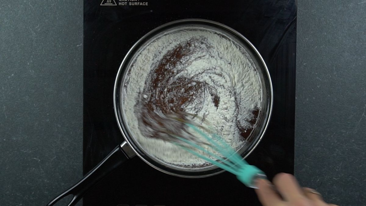 teal whisk in pan of chocolate