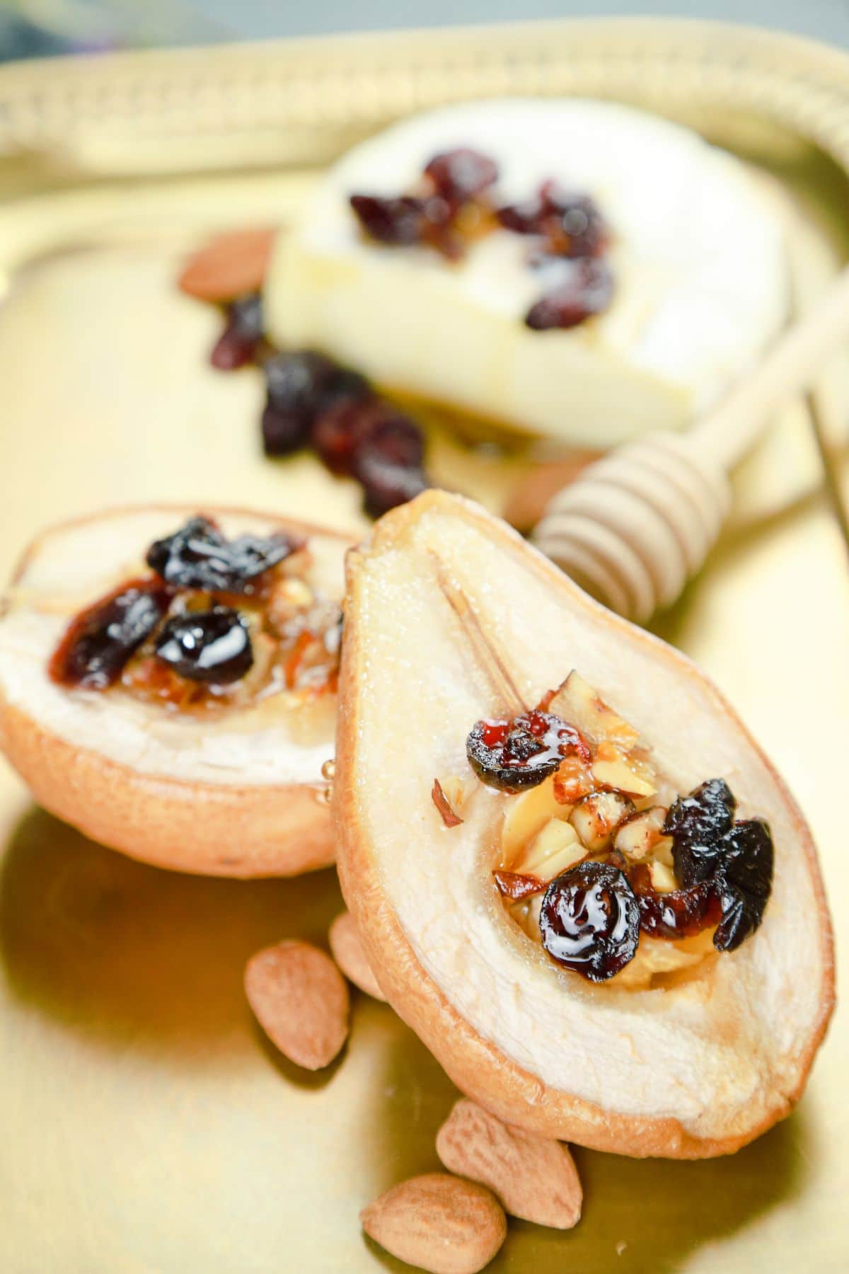 baked pears on gold plate