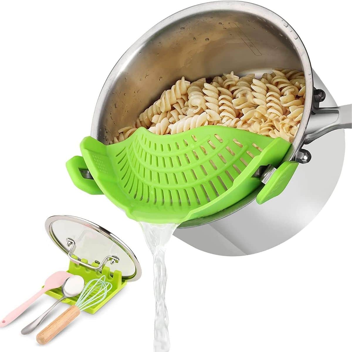 Green plastic kitchen gadget on po full of pasta