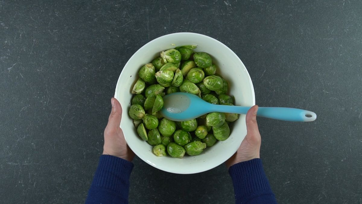 white bowl of brussels sprouts