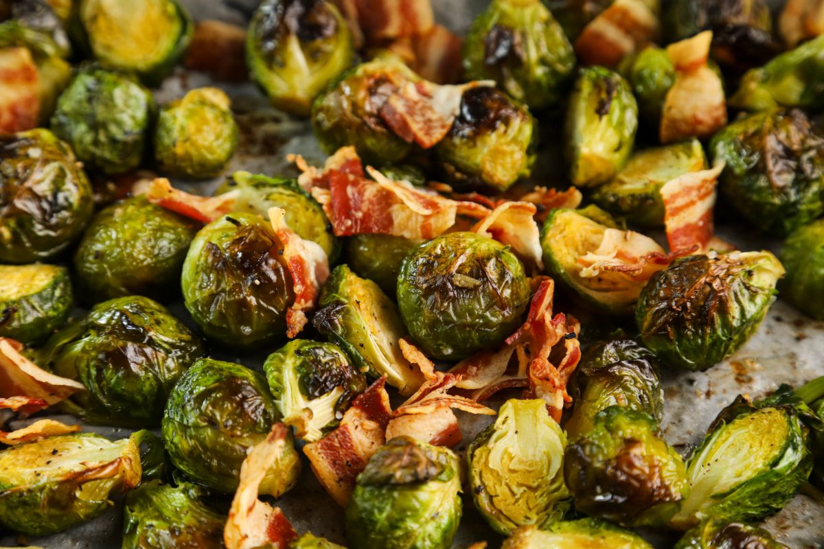 brussels sprouts topped with bacon