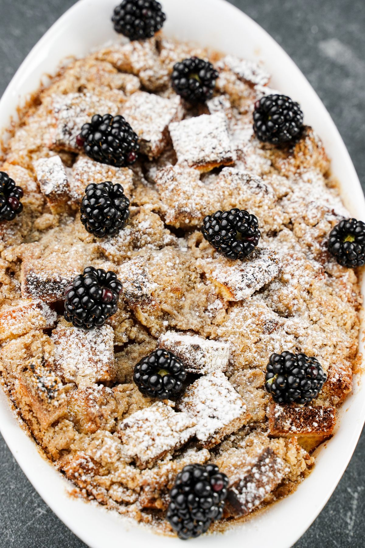 image looking down on baked french toast casserole in white dish
