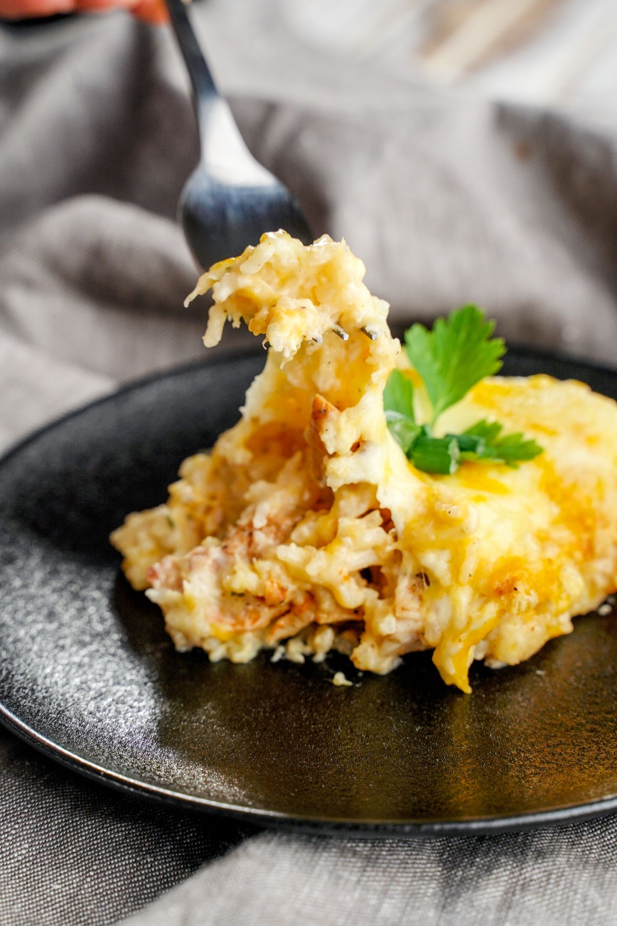fork of chicken and rice casserole on round black plate
