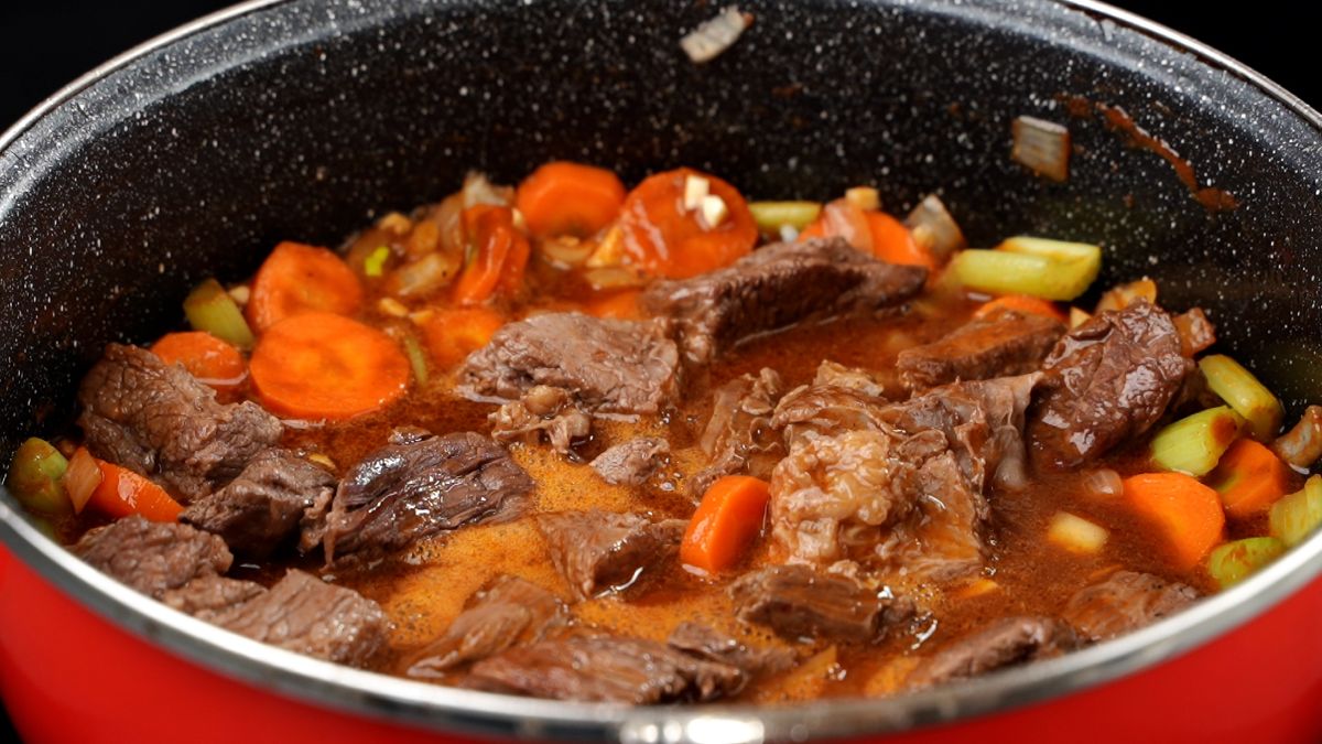 stew in red stockpot