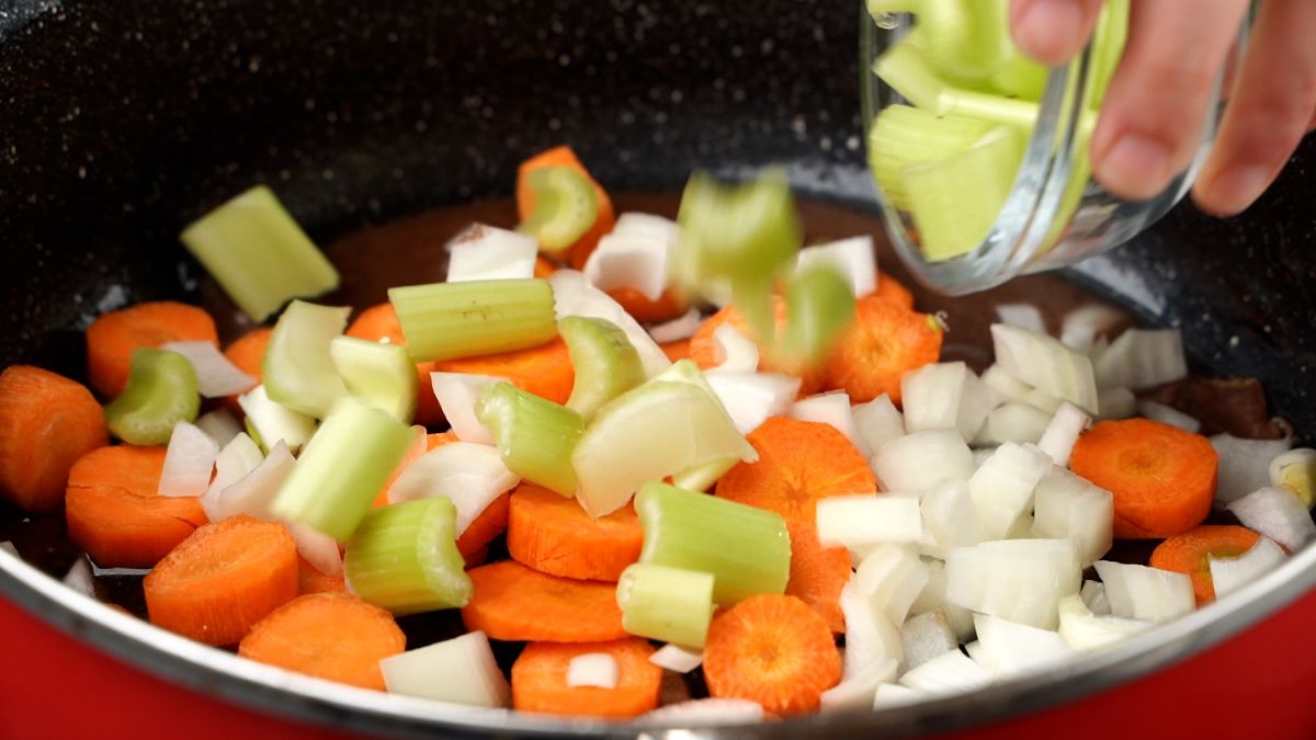 carrots onion and celery in skillet