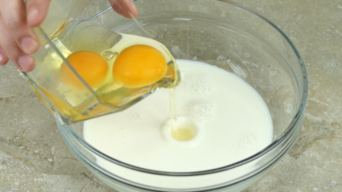 glass bowl of cream and eggs
