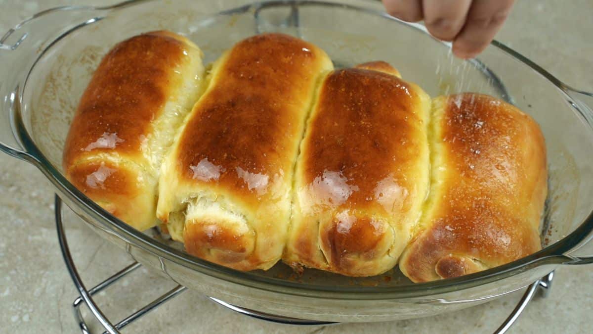 baked bread in glass dish
