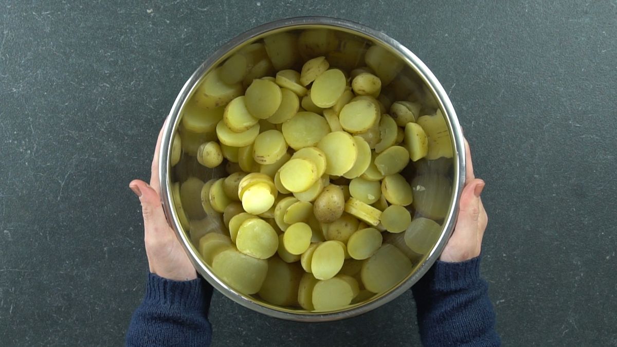 cooked drained potatoes in large stockpot