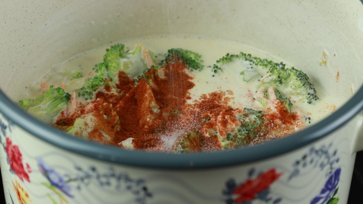 top of cooked soup with spices visible