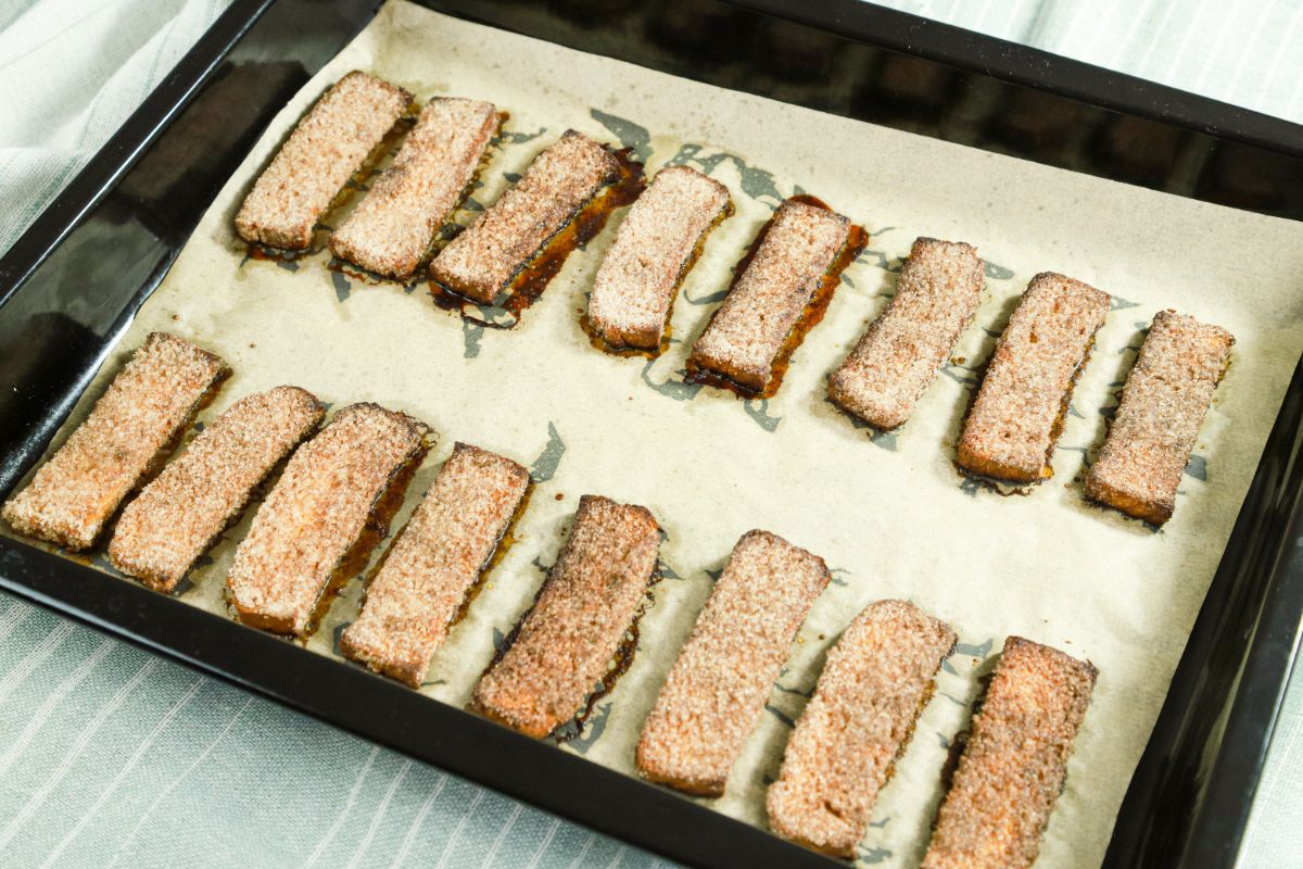 cinnamon sugar bread on parchment lined baking sheet