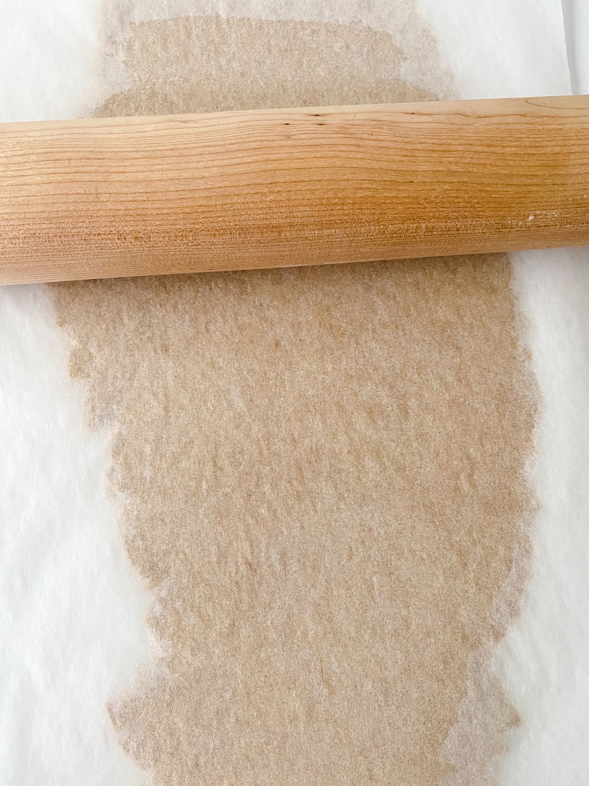 dough being rolled out between sheets of parchment paper