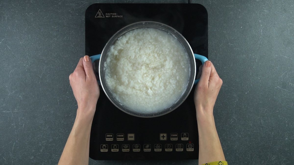 pot of cooked rice on hot plate