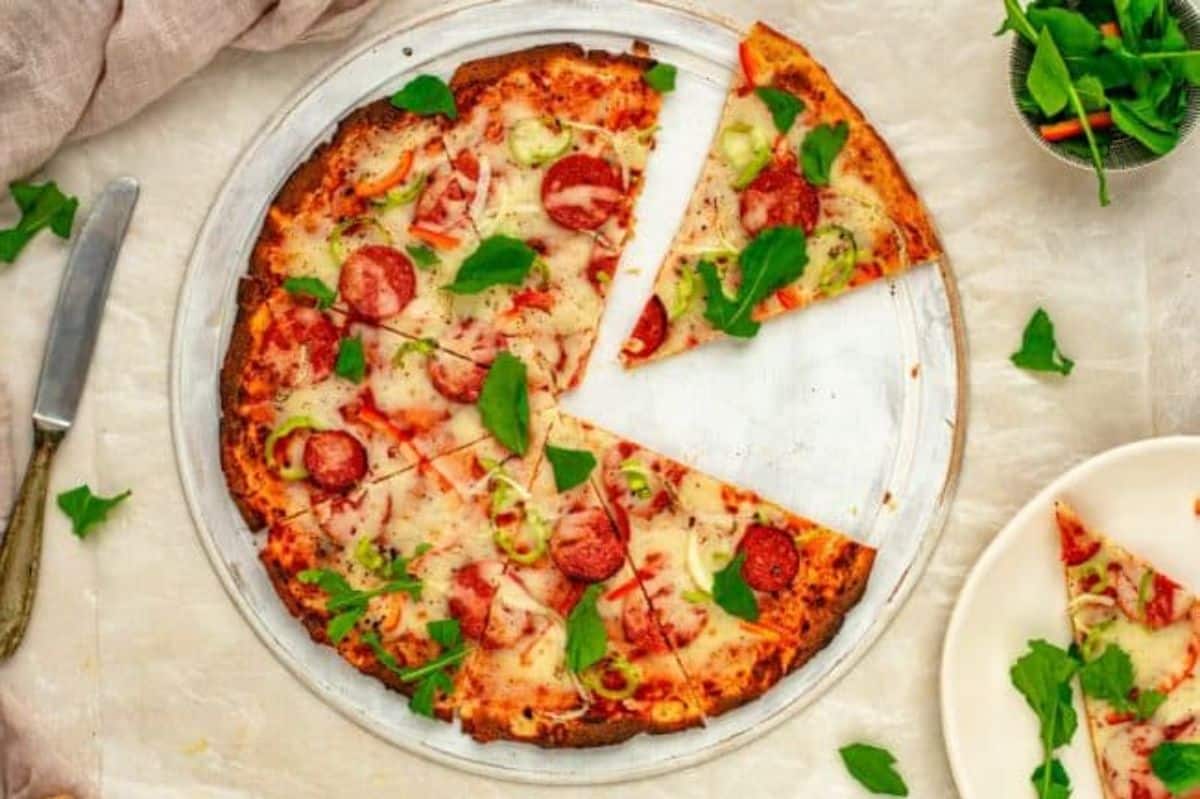 The Best Keto Pizza on a tray.