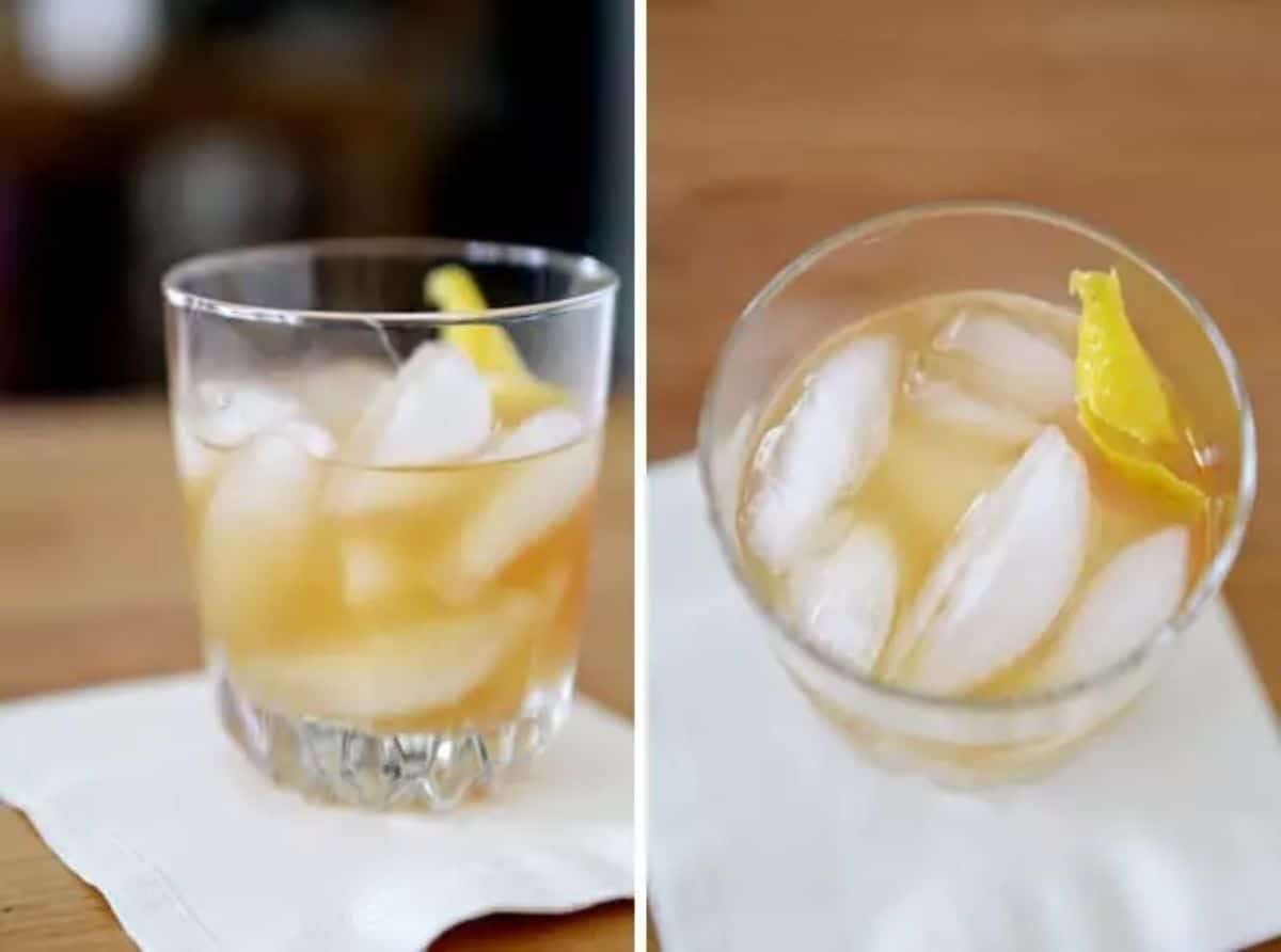 Two images of Rum Sidecar rum cocktail in glass cup with ice.
