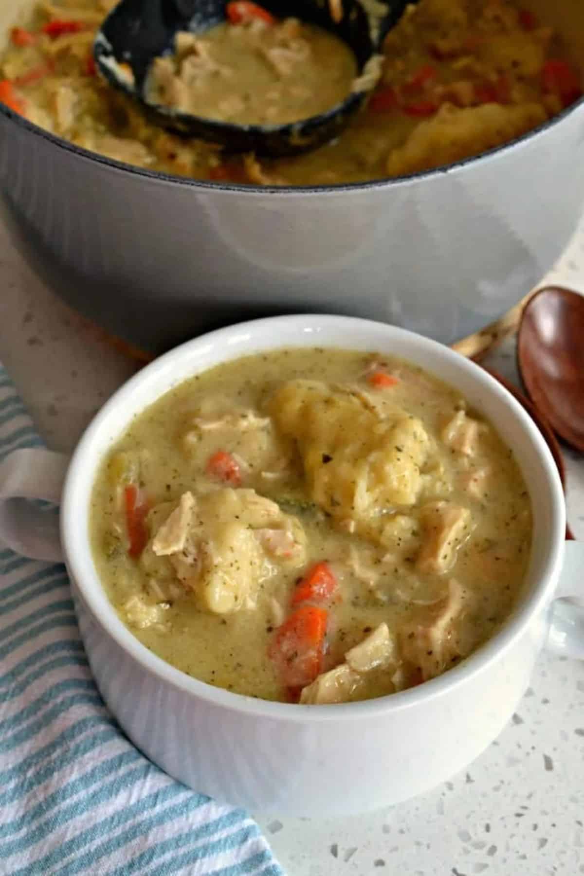 Chicken and Dumpling Soup in a small white bowl.