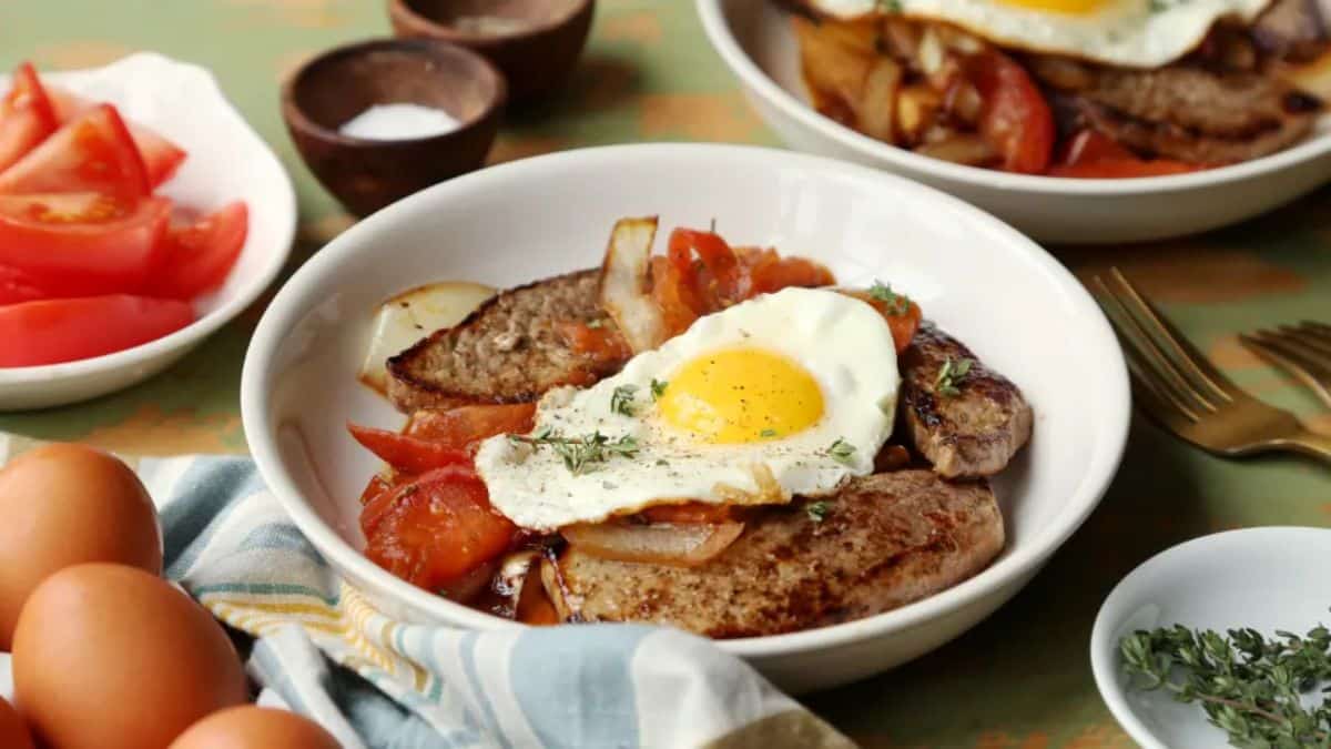  Special Steak and Eggs in a white bowl.