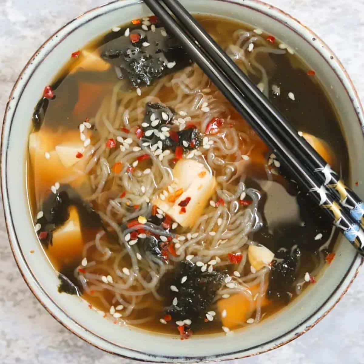 Vegan Keto Almost-Instant Pantry Ramen in a bowl with chopsticks.