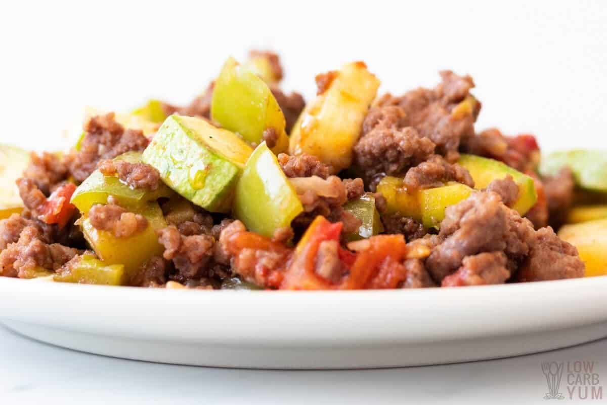 Easy Ground Beef and Squash Skillet on a white plate.