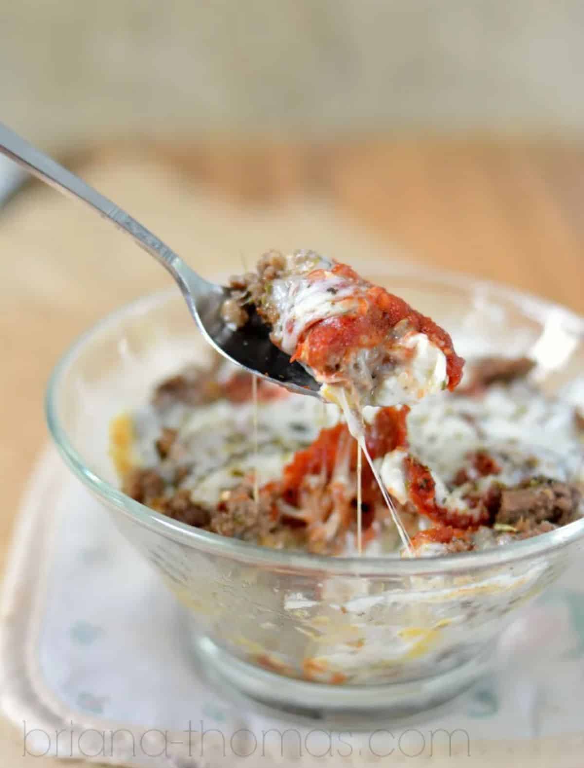 Single-Serve Lasagna-in-a-Bowl picked by spoon.