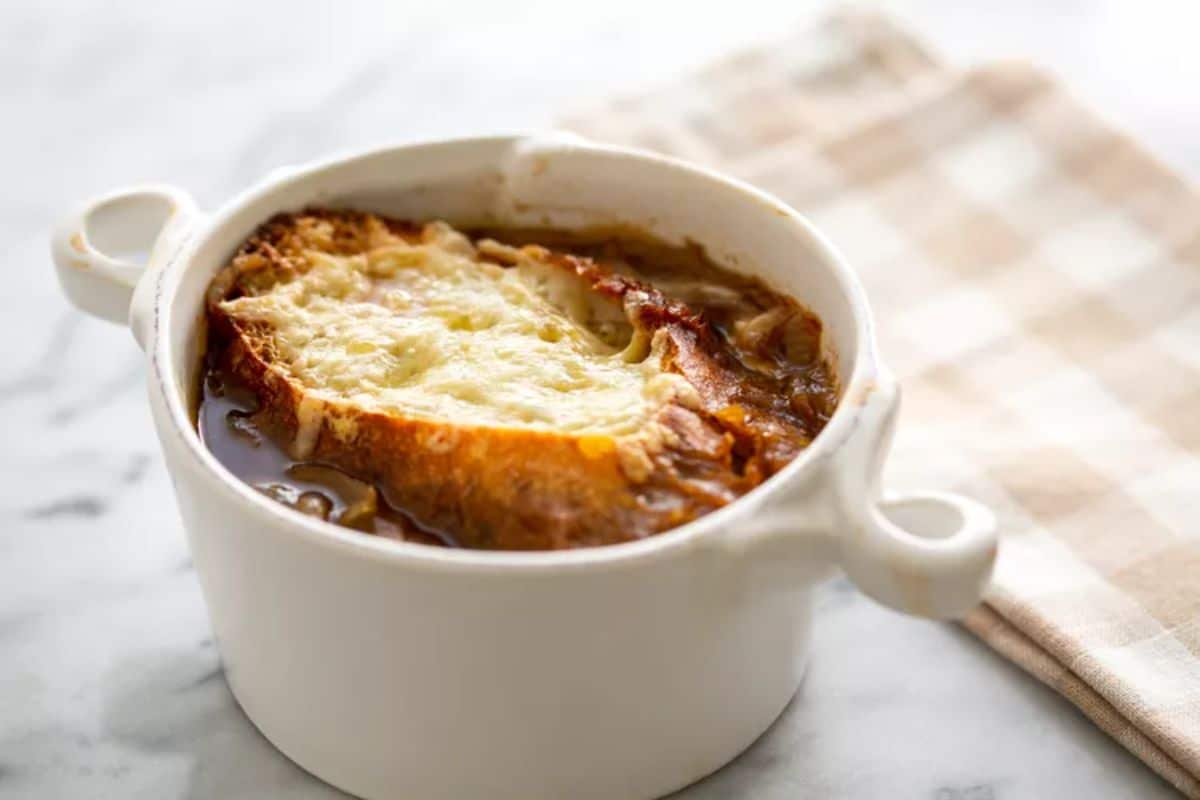 French Onion Soup in a small white bowl.