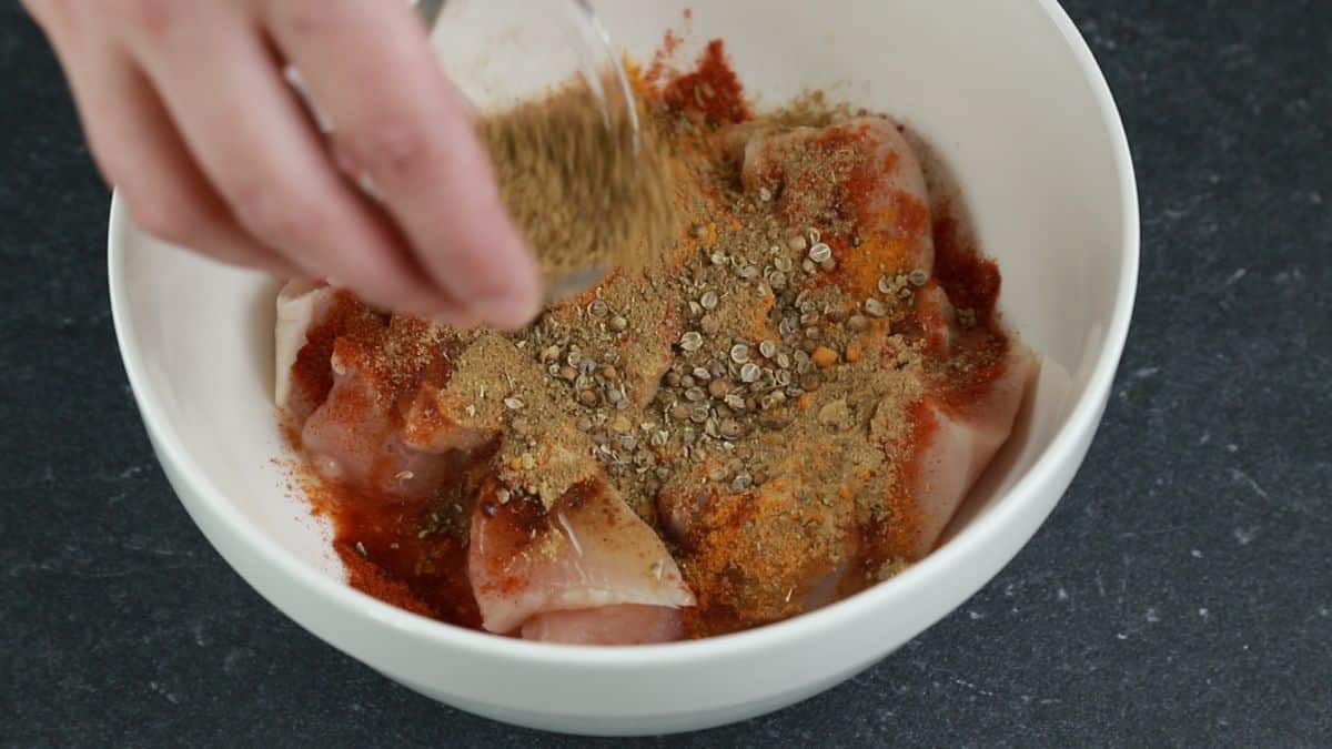 spices in bowl with chicken