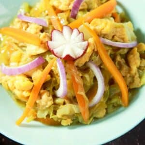 light teal bowl of cabbage with eggs stir fry topped with sliced onion and radish
