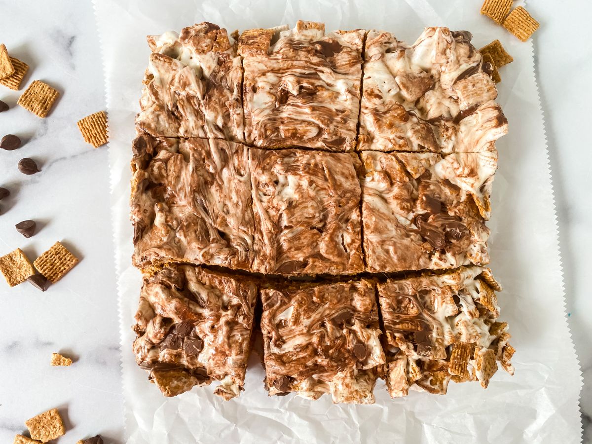 square of cereal bars on parchment paper