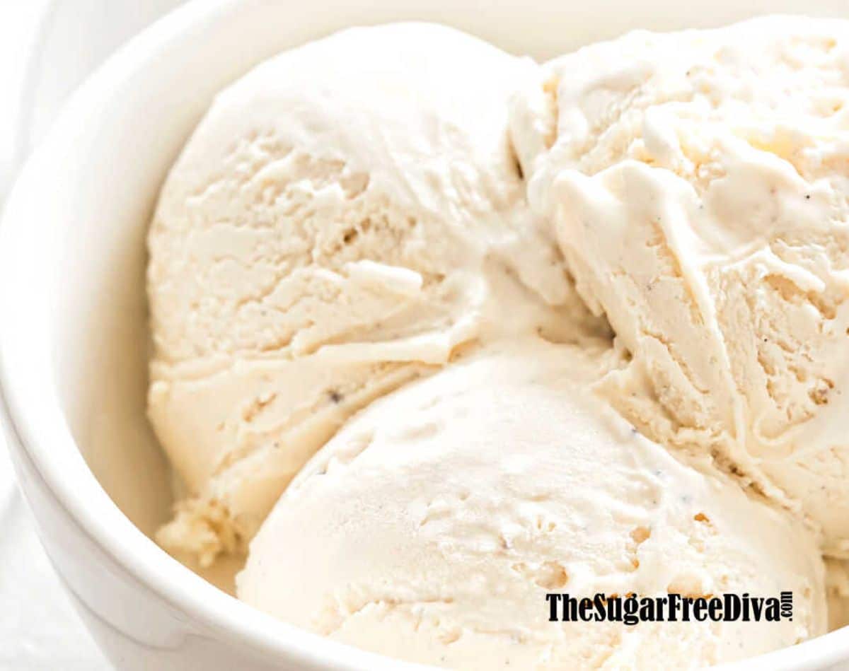Sugar-Free Vanilla Ice Cream in a white bowl.