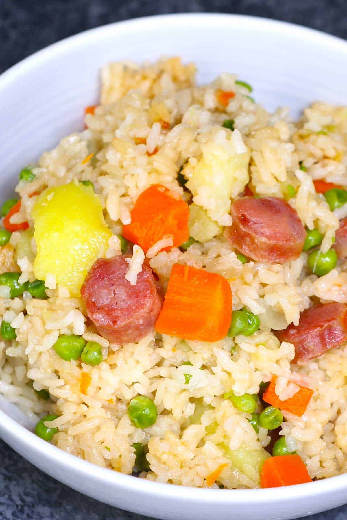 Chinese Rice Cooker Fried Rice in a white bowl.