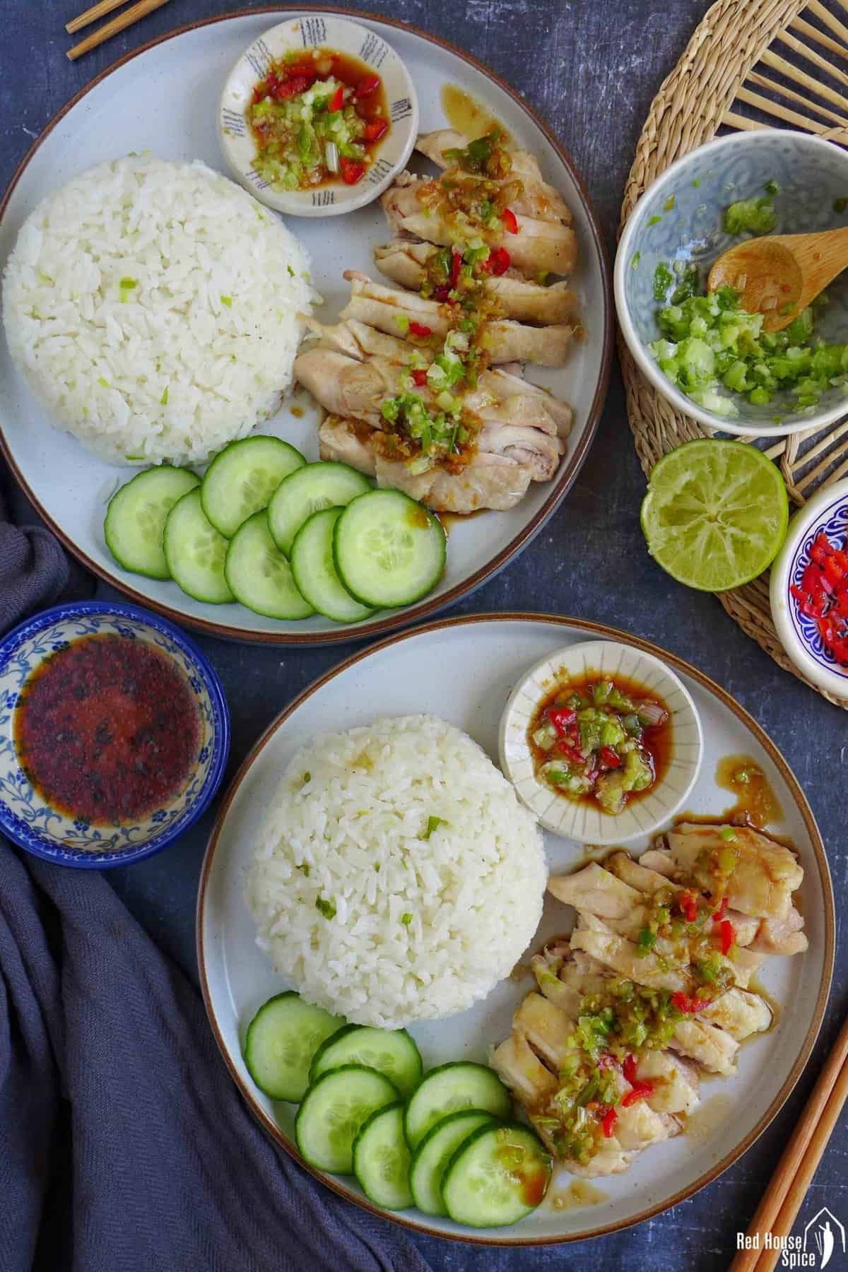 One-Pot Hainanese Chicken Rice on light-blue plates.