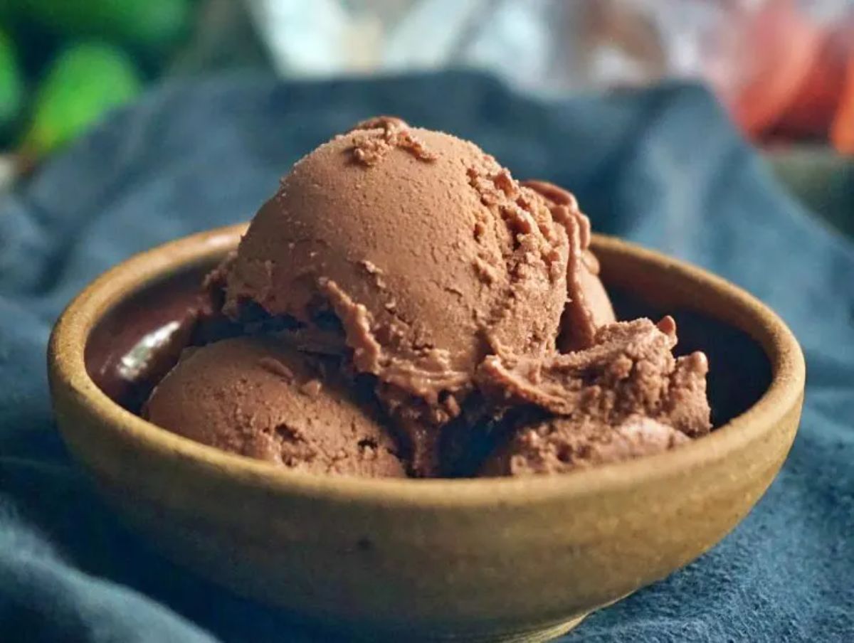 Homemade Vegan Chocolate Ice Cream in a brown bowl.