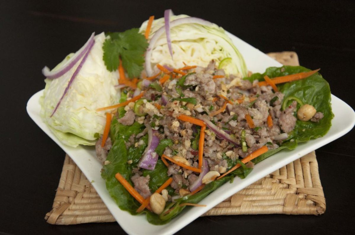Thai Pork Salad on a white palte.