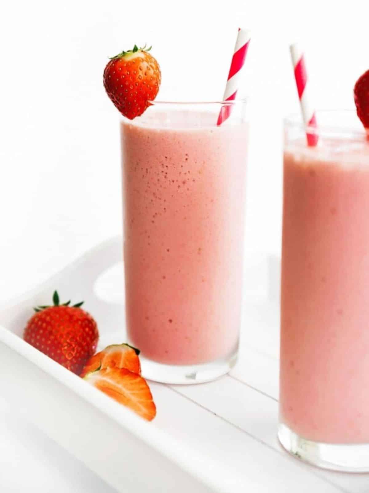 Strawberry Cottage Cheese Smoothie in tall glasses.